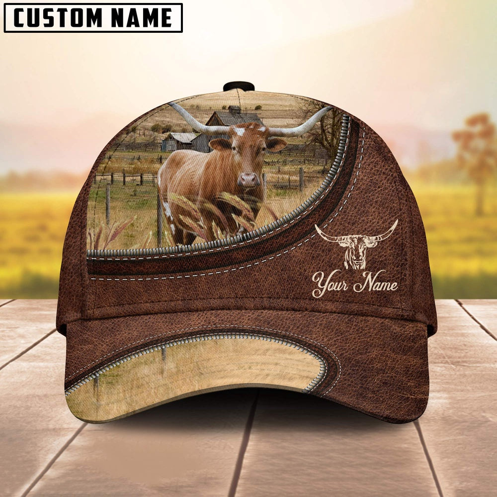 Texas Longhorn On The Farm Customized Name Leather Pattern Cap, Farmer Cap, Cap For Farmers, Best Farm Hat, Farm Use Hat