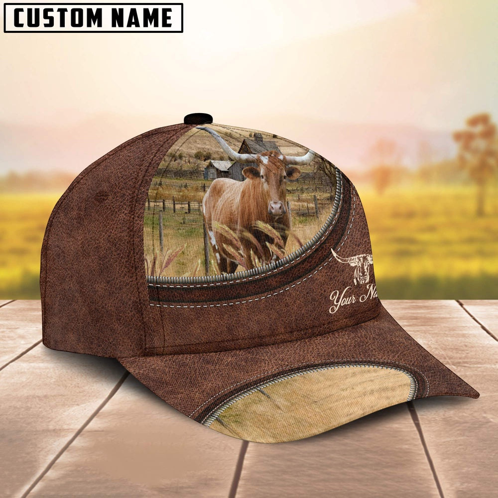 Texas Longhorn On The Farm Customized Name Leather Pattern Cap, Farmer Cap, Cap For Farmers, Best Farm Hat, Farm Use Hat