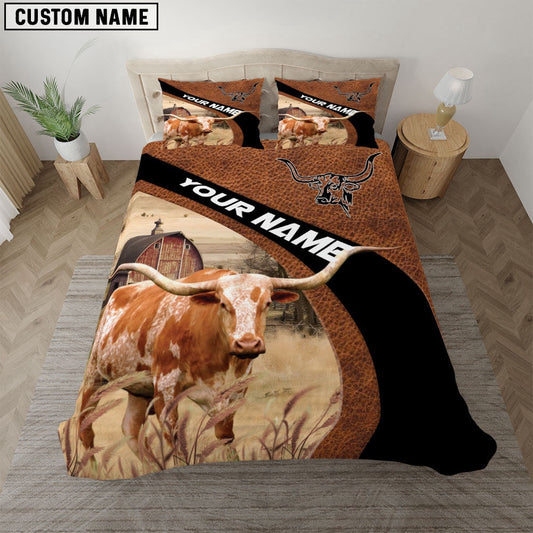 Texas Longhorn On The Farm Customized Name Red Barn Bedding Set, Farm Bedding Set, Farmhouse Bedding Set