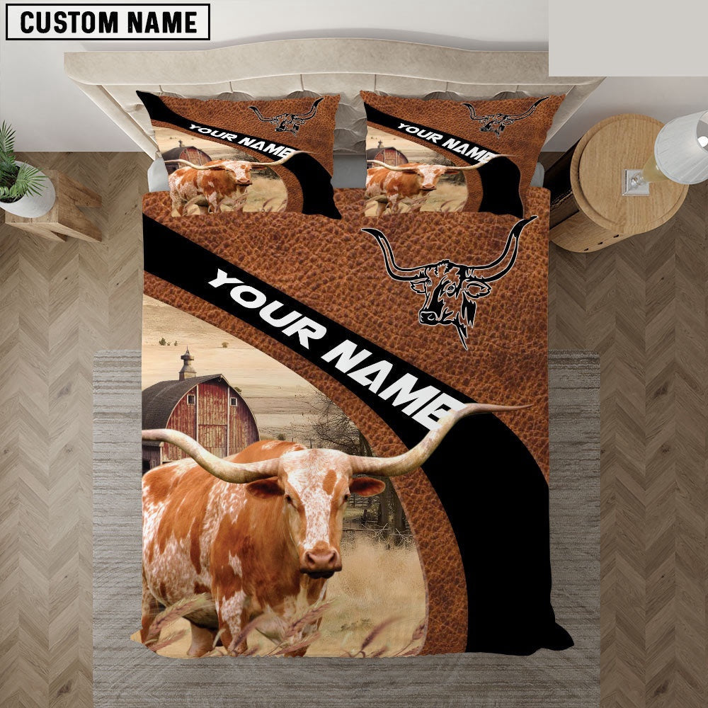 Texas Longhorn On The Farm Customized Name Red Barn Bedding Set, Farm Bedding Set, Farmhouse Bedding Set