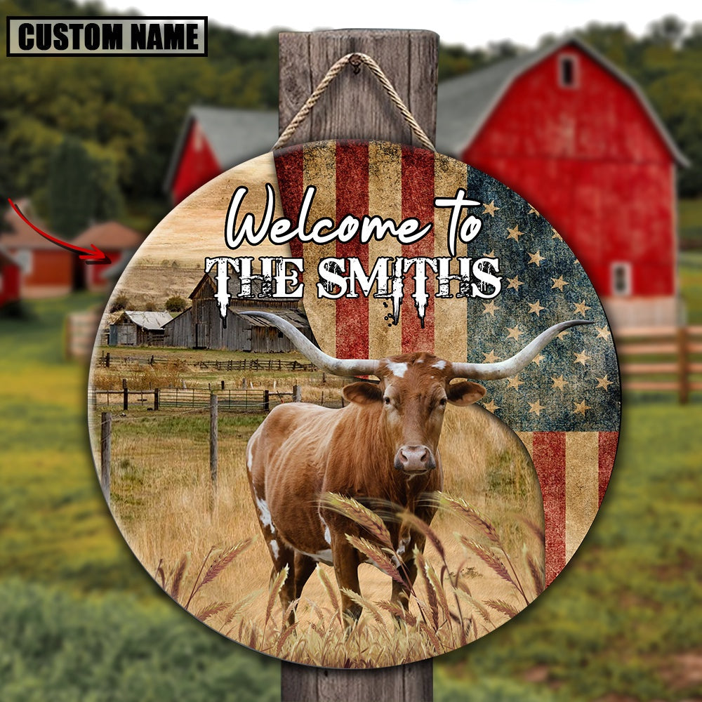 Texas Longhorn On The Farm Round Wooden Sign, Farm Wood Sign, Farm House Wood Signs