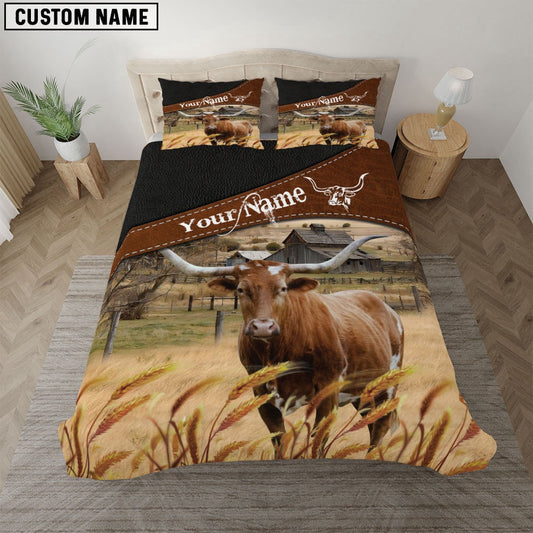 Texas Longhorn On The Field Customized Name Bedding Set, Farm Bedding Set, Farmhouse Bedding Set
