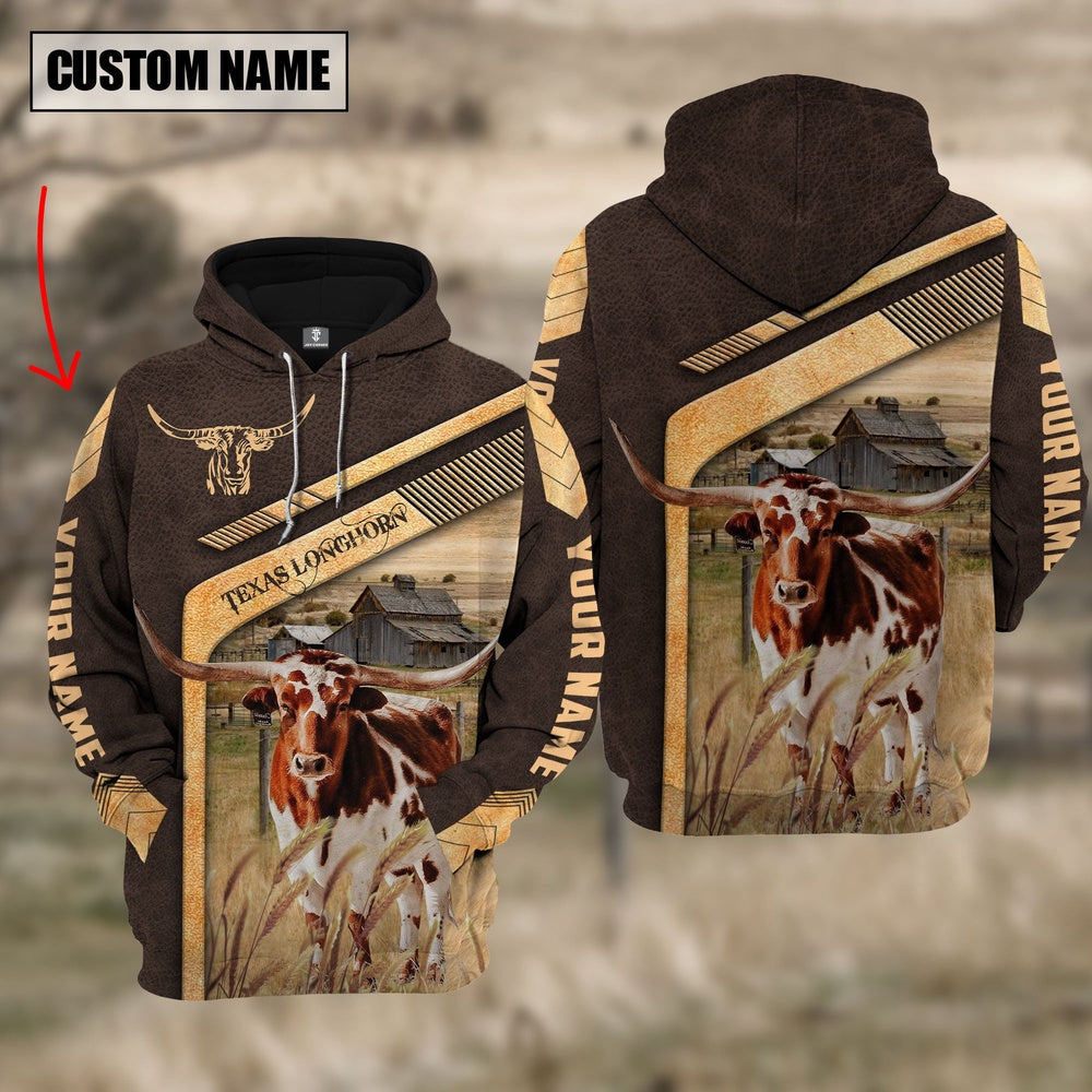 Texas Longhorn On The Meadow Custom Name Hoodie, Farmer Hoodie, Custom Farm Shirts, Farmer T Shirt