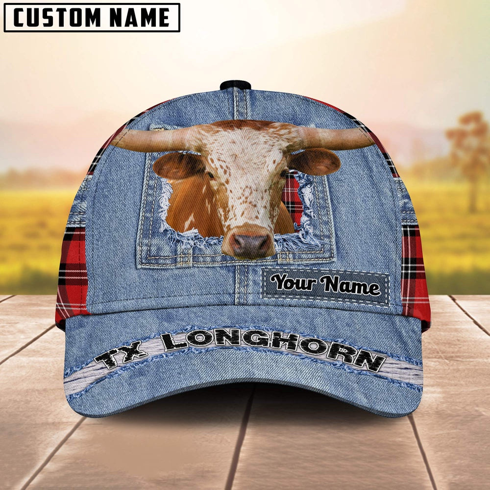 Texas Longhorn Overall Jeans Pattern And Red Caro Pattern Customized Name Cap, Farmer Cap, Cap For Farmers, Best Farm Hat, Farm Use Hat