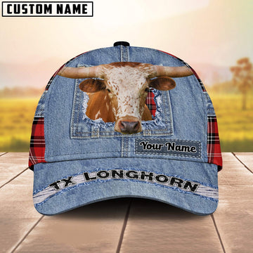 Texas Longhorn Overall Jeans Pattern And Red Caro Pattern Customized Name Cap, Farmer Cap, Cap For Farmers, Best Farm Hat, Farm Use Hat