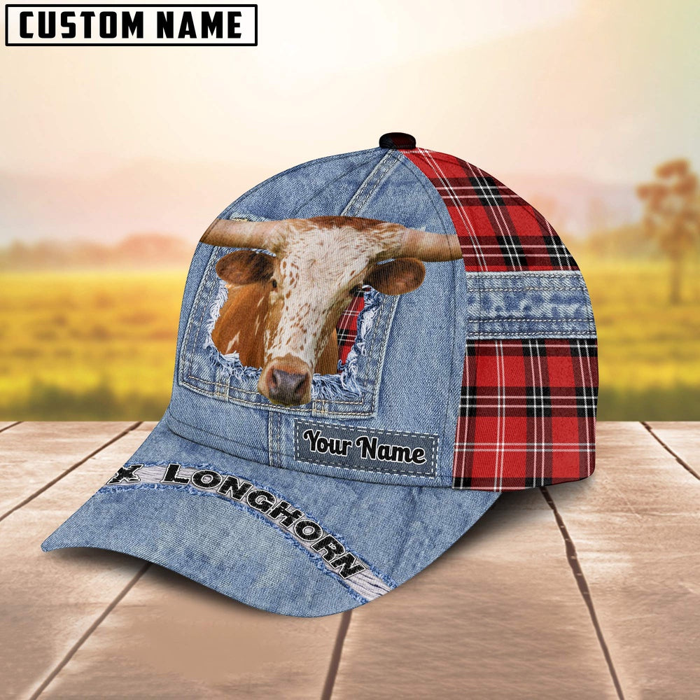 Texas Longhorn Overall Jeans Pattern And Red Caro Pattern Customized Name Cap, Farmer Cap, Cap For Farmers, Best Farm Hat, Farm Use Hat
