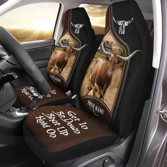 Texas Longhorn Personalized Name Black And Brown Leather Pattern Car Seat Cover, Car Seat Cover, Farm Car Seat Cover, Pet Seat Covers