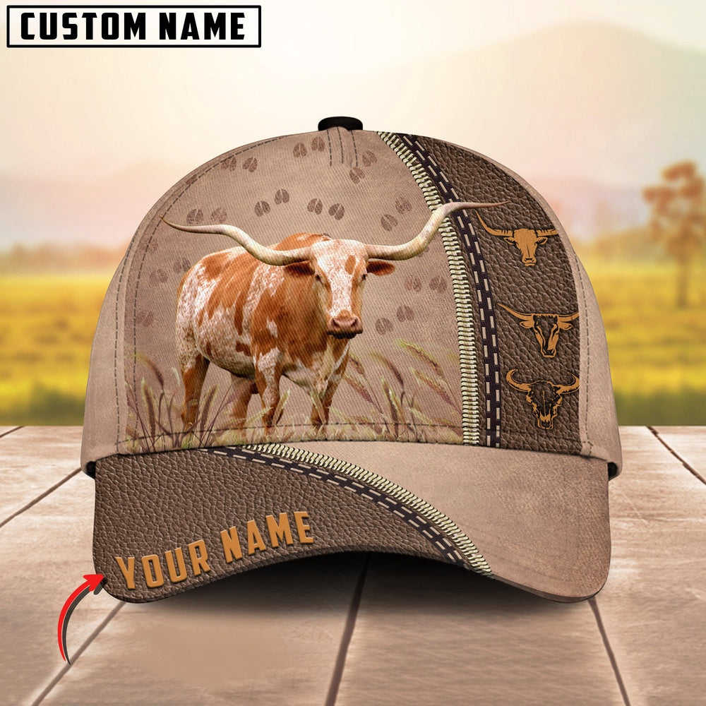 Texas Longhorn Personalized Name Brown Leather Pattern Cap, Farmer Cap, Cap For Farmers, Best Farm Hat, Farm Use Hat