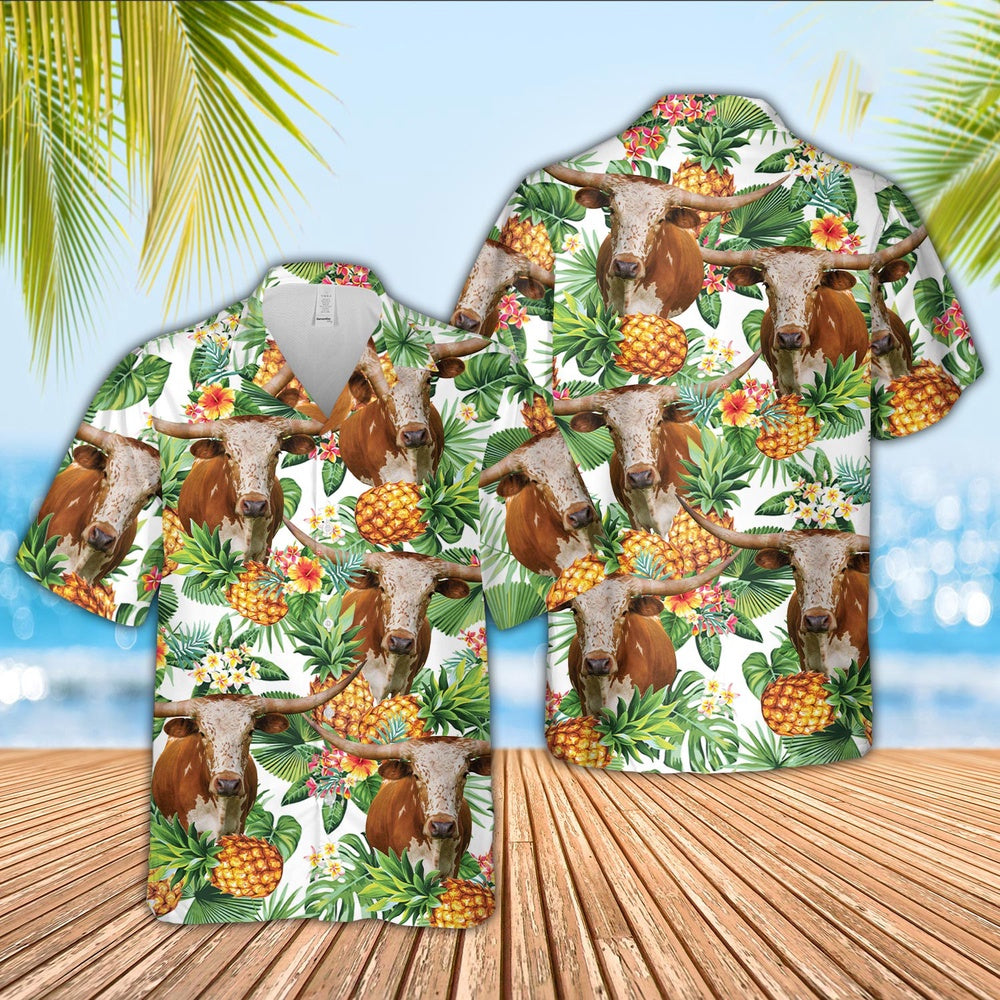 Texas Longhorn Pineapple Pattern 3D Hawaiian Shirt, Farm Hawaiian Shirt, Farmer Hawaii