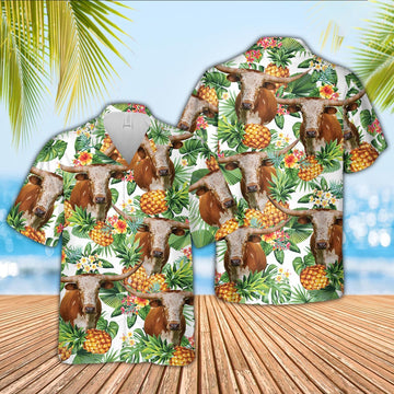Texas Longhorn Pineapple Pattern 3D Hawaiian Shirt, Farm Hawaiian Shirt, Farmer Hawaii