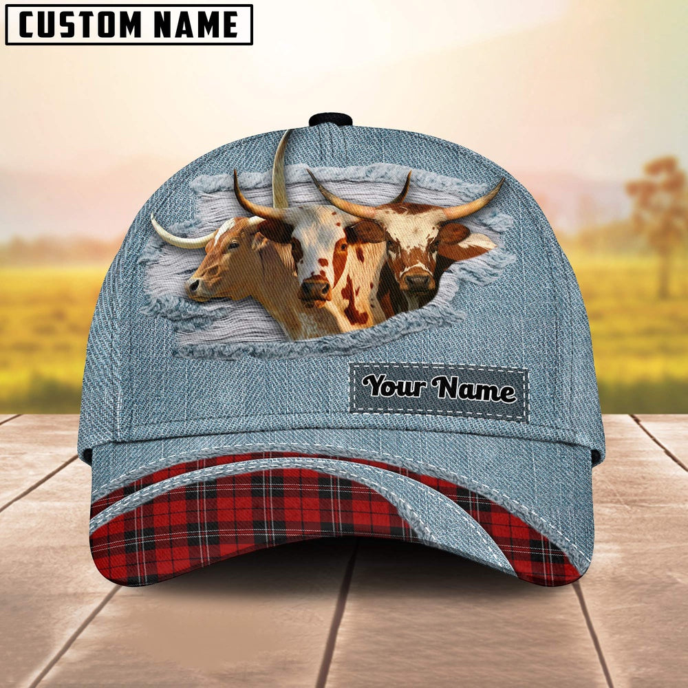 Texas Longhorn Red Caro And Jeans Pattern Customized Name Cap, Farmer Cap, Cap For Farmers, Best Farm Hat, Farm Use Hat