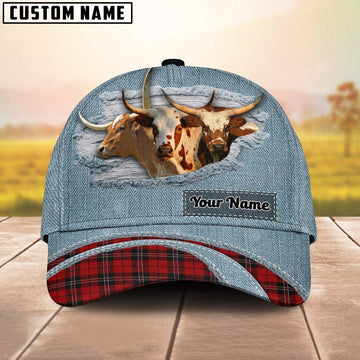 Texas Longhorn Red Caro And Jeans Pattern Customized Name Cap, Farmer Cap, Cap For Farmers, Best Farm Hat, Farm Use Hat