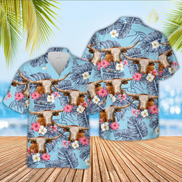 Texas Longhorn Sierra Blue Pattern Hawaiian Shirt, Farm Hawaiian Shirt, Farmer Hawaii