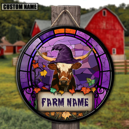 Texas Longhorn Stained Glass Effect Happy Halloween Wooden Sign, Farm Wood Sign, Farm House Wood Signs