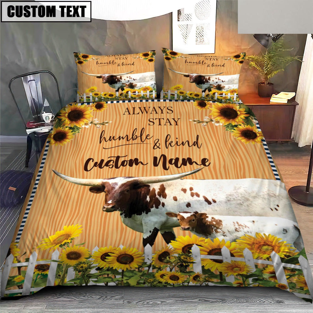 Texas Longhorn Stay Humble And Kind Custom Name Bedding Set, Farm Bedding Set, Farmhouse Bedding Set
