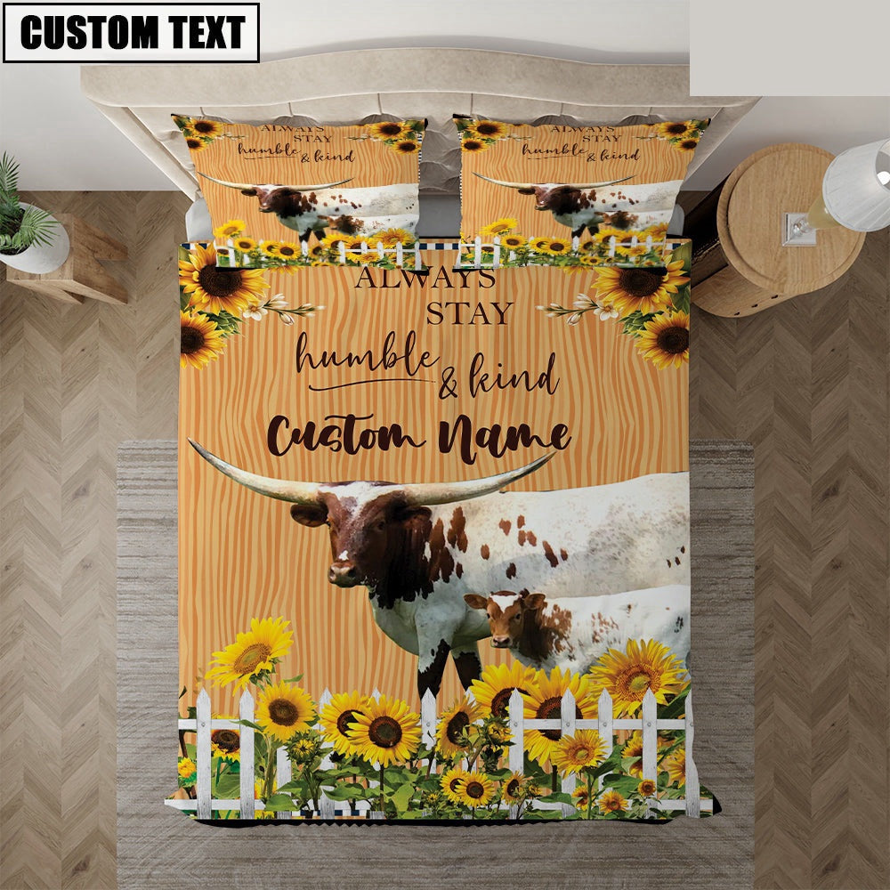 Texas Longhorn Stay Humble And Kind Custom Name Bedding Set, Farm Bedding Set, Farmhouse Bedding Set