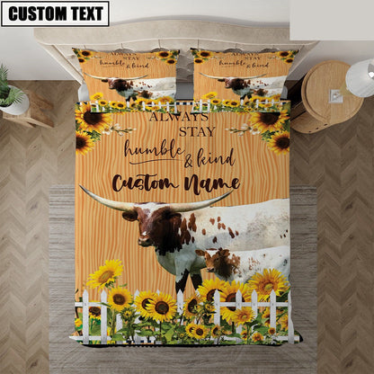 Texas Longhorn Stay Humble And Kind Custom Name Bedding Set, Farm Bedding Set, Farmhouse Bedding Set