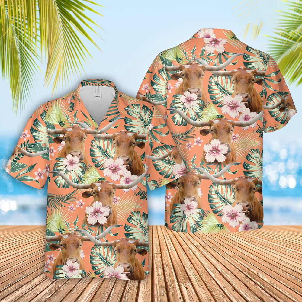 Texas Longhorn Summer Happiness Floral Farm Hawaiian Shirt, Farm Hawaiian Shirt, Farmer Hawaii