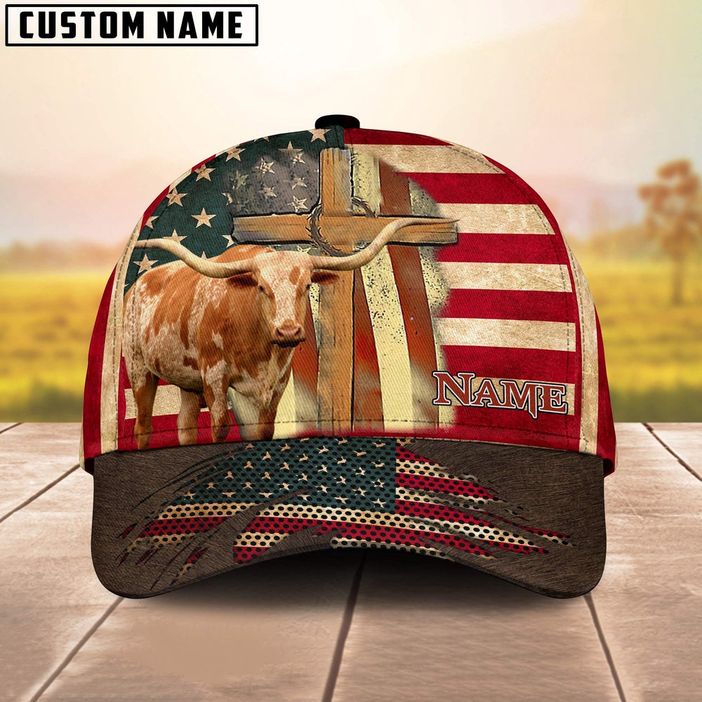 Texas Longhorn USA Flag Customized Name Cap, Farmer Cap, Cap For Farmers, Best Farm Hat, Farm Use Hat