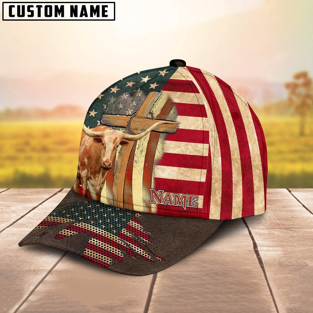 Texas Longhorn USA Flag Customized Name Cap, Farmer Cap, Cap For Farmers, Best Farm Hat, Farm Use Hat