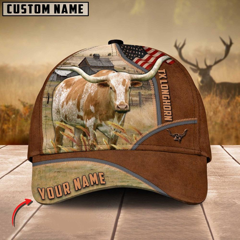 Texas Longhorn US Flag Customized Name Brown Cap, Farmer Cap, Cap For Farmers, Best Farm Hat, Farm Use Hat