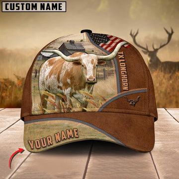Texas Longhorn US Flag Customized Name Brown Cap, Farmer Cap, Cap For Farmers, Best Farm Hat, Farm Use Hat
