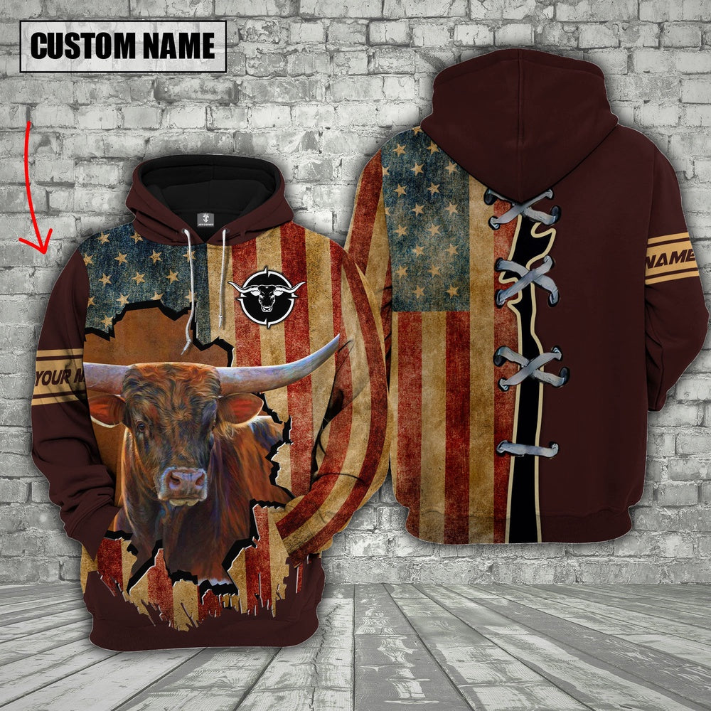 Texas Longhorn US Flag Retro Personalized 3D Hoodie, Farmer Hoodie, Custom Farm Shirts, Farmer T Shirt