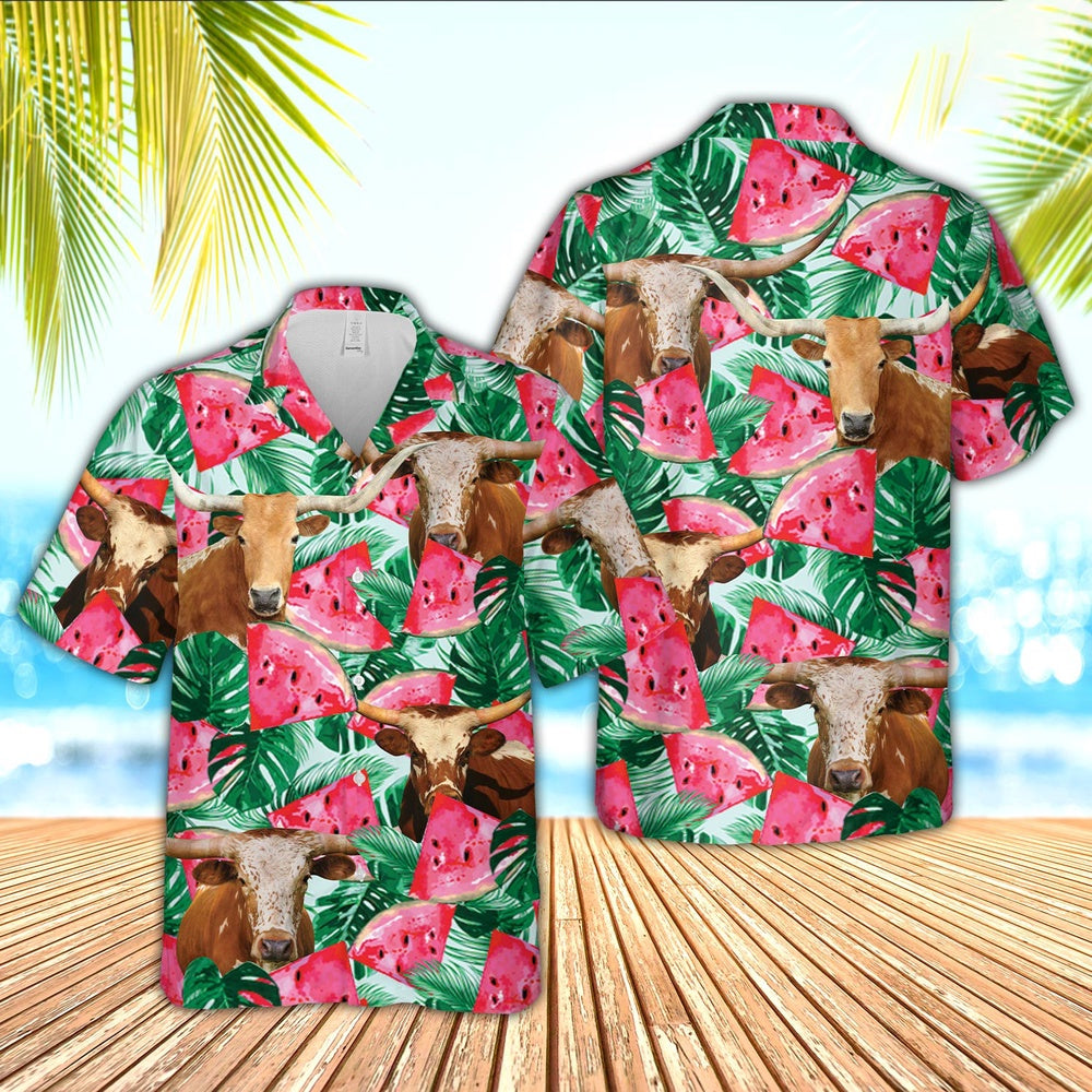Texas Longhorn Watermelon 3D Hawaiian Shirt, Farm Hawaiian Shirt, Farmer Hawaii