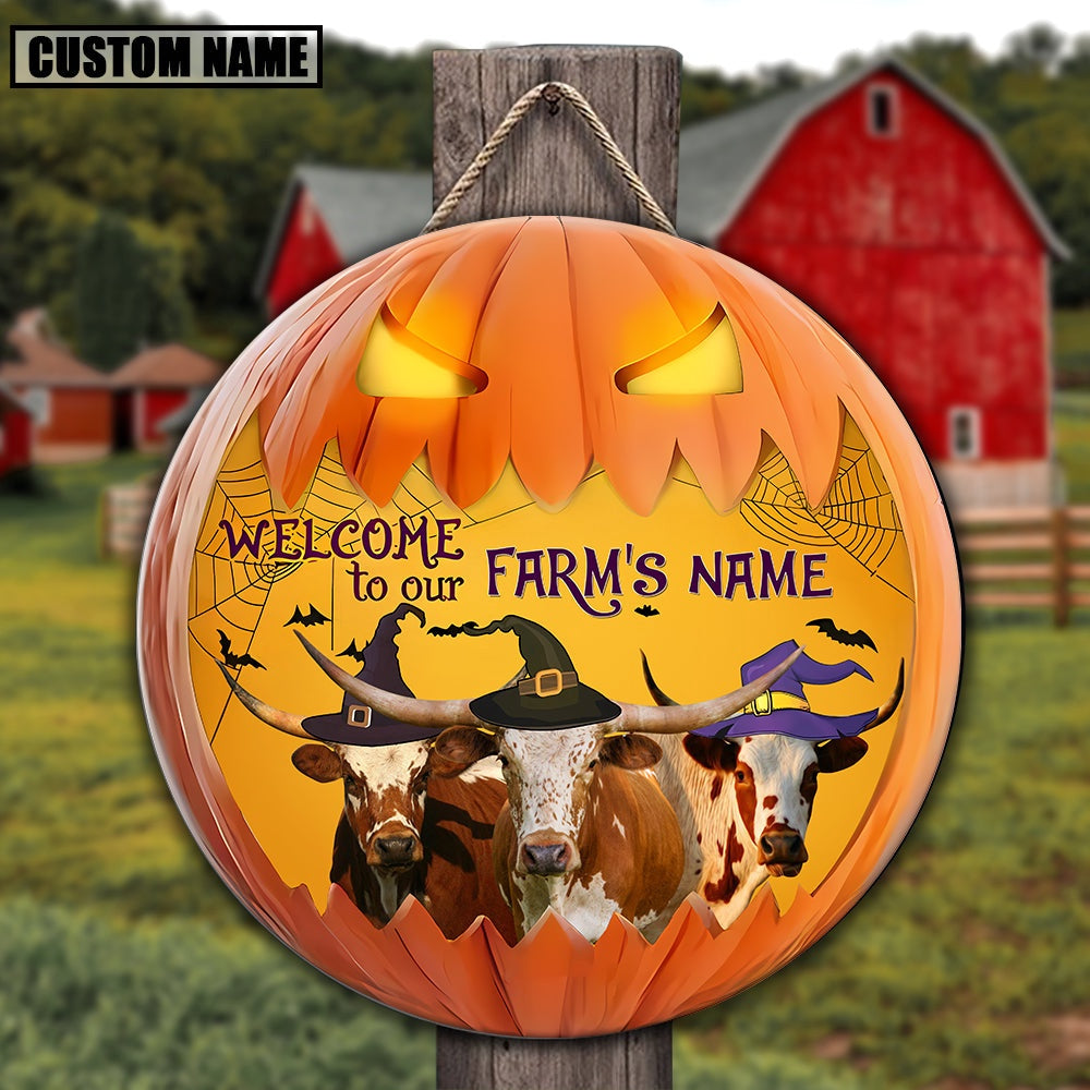 Texas Longhorn Welcome To Our Farm Pumpkin Pattern Happy Halloween Wooden Sign, Farm Wood Sign, Farm House Wood Signs