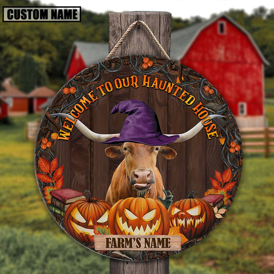 Texas Longhorn Welcome To Our Haunted House Pattern Happy Halloween Wooden Sign, Farm Wood Sign, Farm House Wood Signs