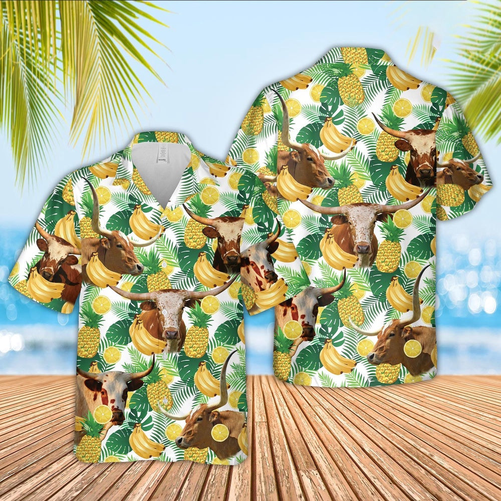 Texas Longhorn White Tropical Fruits Pattern Hawaiian Shirt, Farm Hawaiian Shirt, Farmer Hawaii
