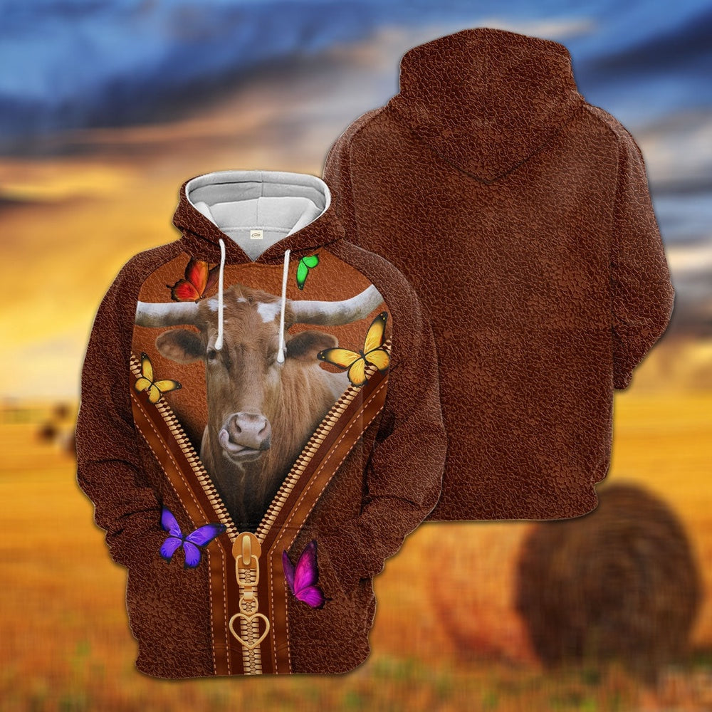 Texas Longhorn Zipper Sewing To Leather Hoodie, Farmer Hoodie, Farm Themed Shirts, Farm Tee Shirts