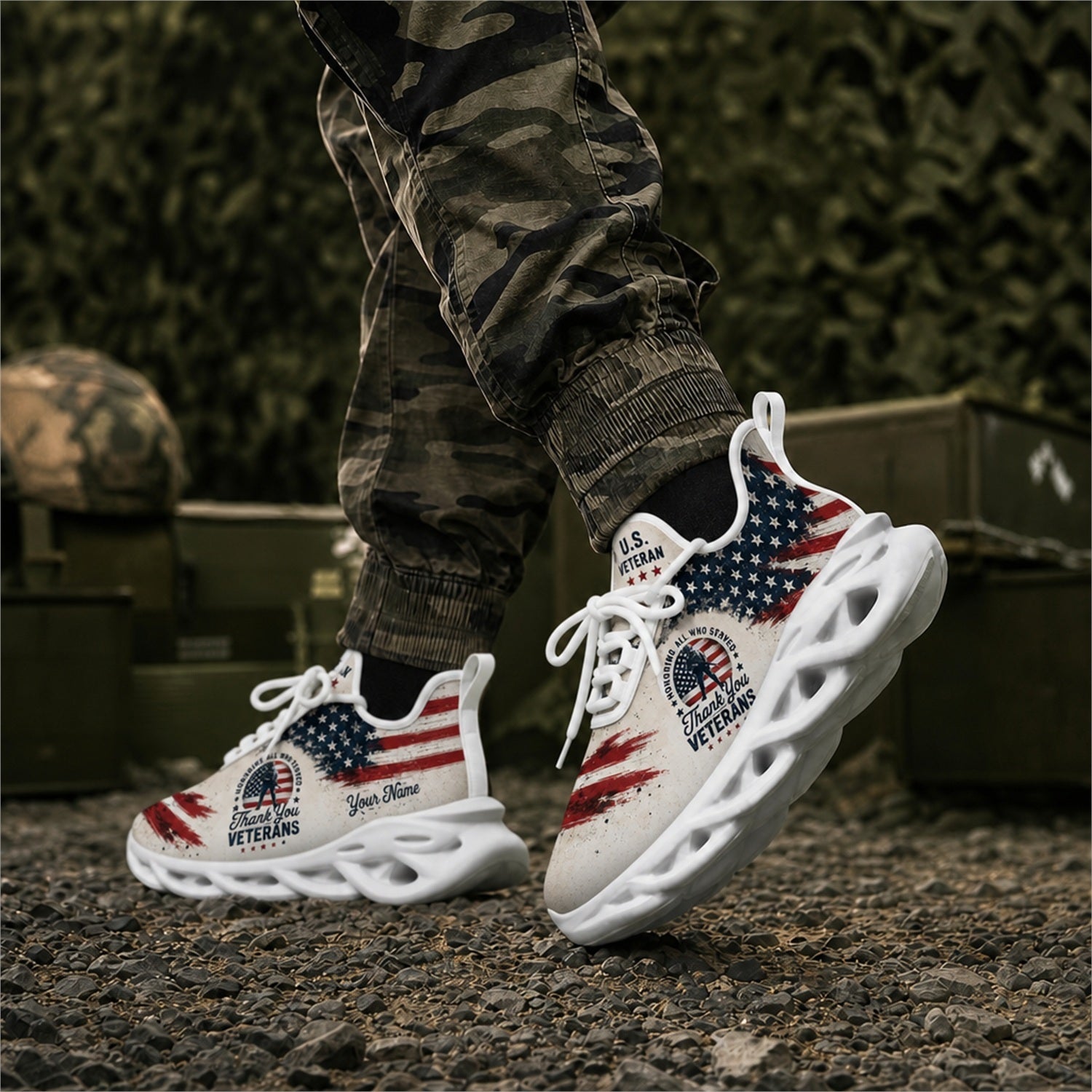 Custom Name Thank You US Veterans American Flag Max Soul Shoes, Veteran Sneaker