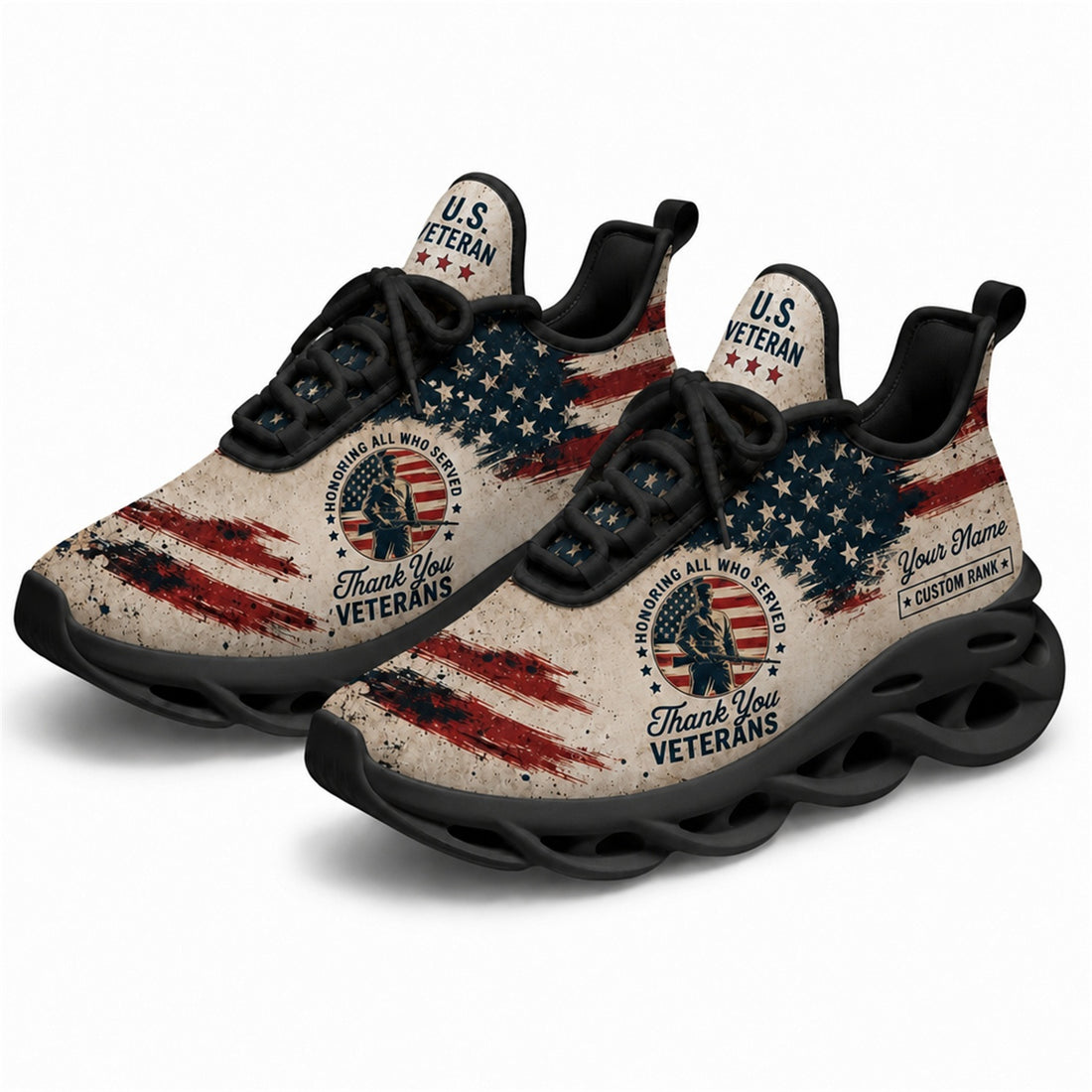 Custom Name Thank You US Veterans American Flag Max Soul Shoes, Veteran Sneaker