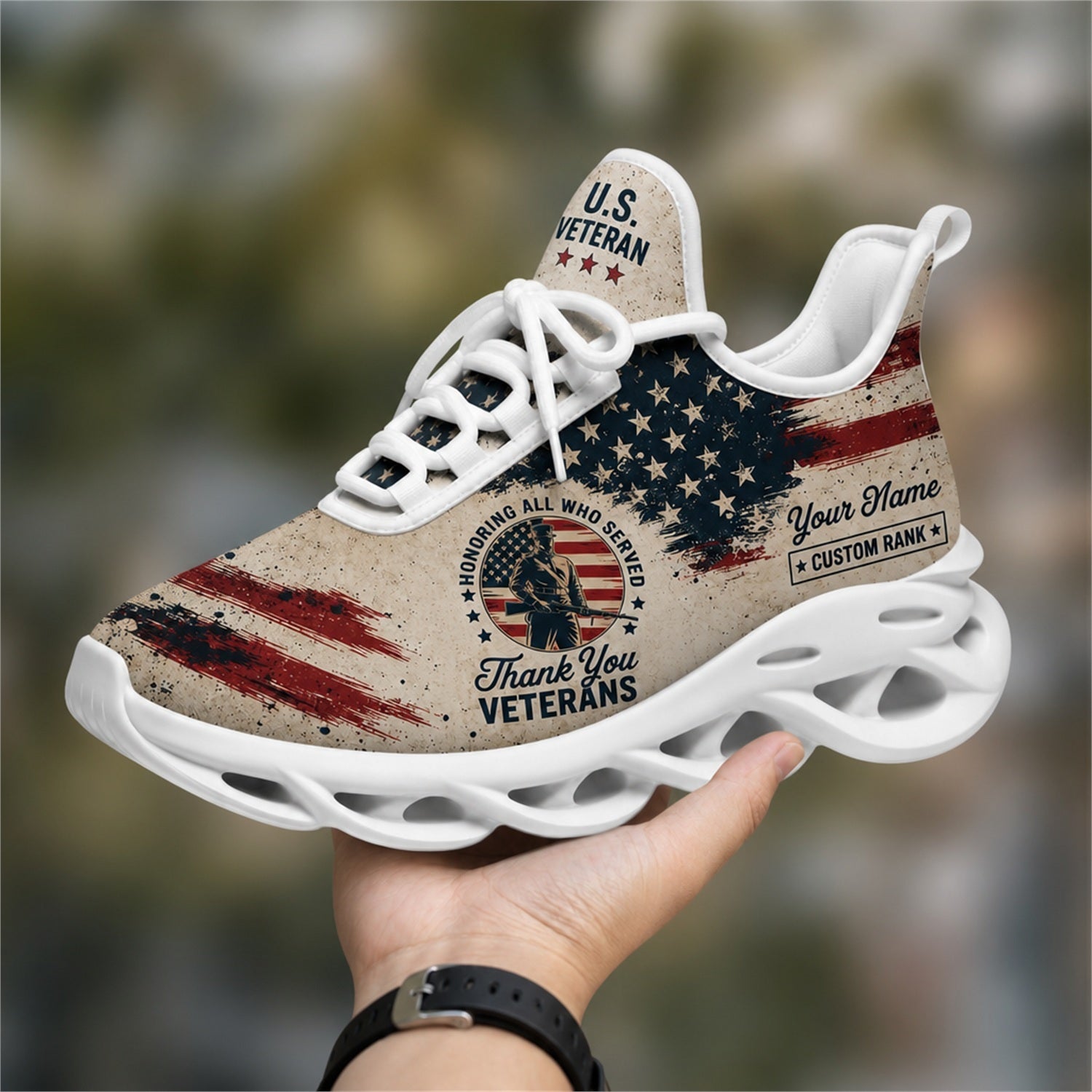 Custom Name Thank You US Veterans American Flag Max Soul Shoes, Veteran Sneaker