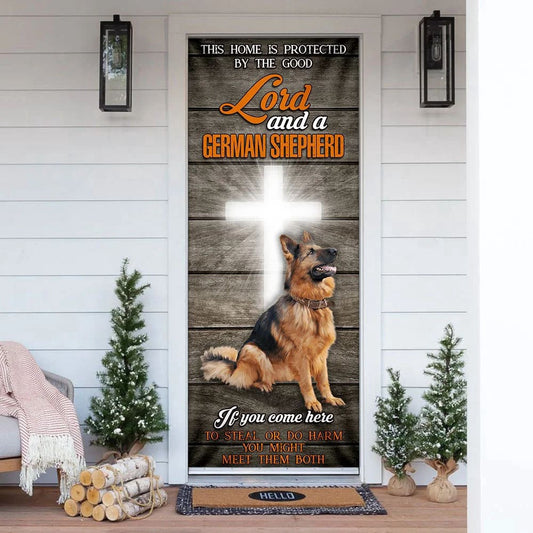 This Home Is Protected By The Good Lord And A German Shepherd Door Cover, Xmas Outdoor Decoration, Gifts For Dog Lovers, Christmas Gift Decor