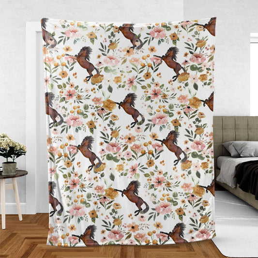 Thoroughbred Horse Floral Pattern Blanket, Farm Blanket, Farm Animal Blanket