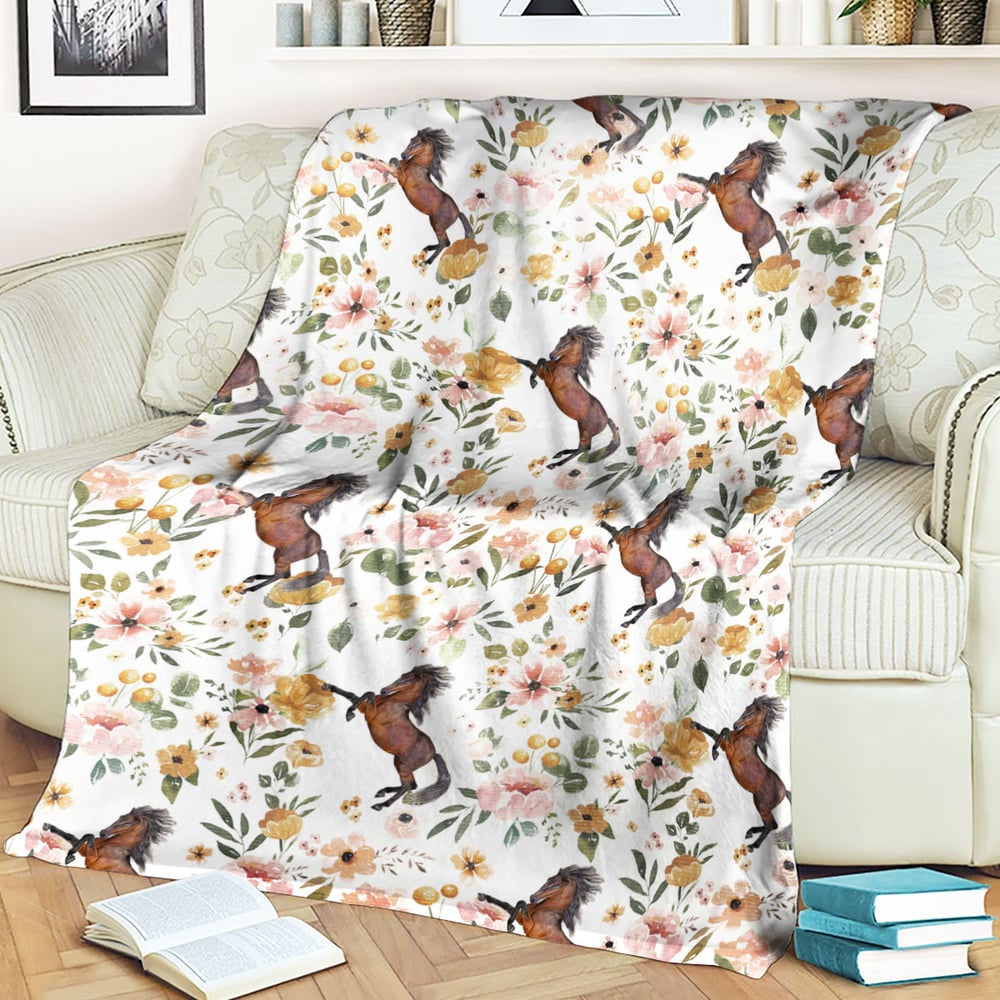 Thoroughbred Horse Floral Pattern Blanket, Farm Blanket, Farm Animal Blanket