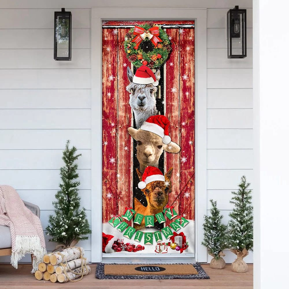 Three Alpacas Happy Place Door Cover, Front Door Christmas Cover, Christmas Outdoor Decoration, Christmas Gift Decor