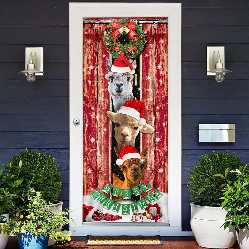 Three Alpacas Happy Place Door Cover, Front Door Christmas Cover, Christmas Outdoor Decoration, Christmas Gift Decor
