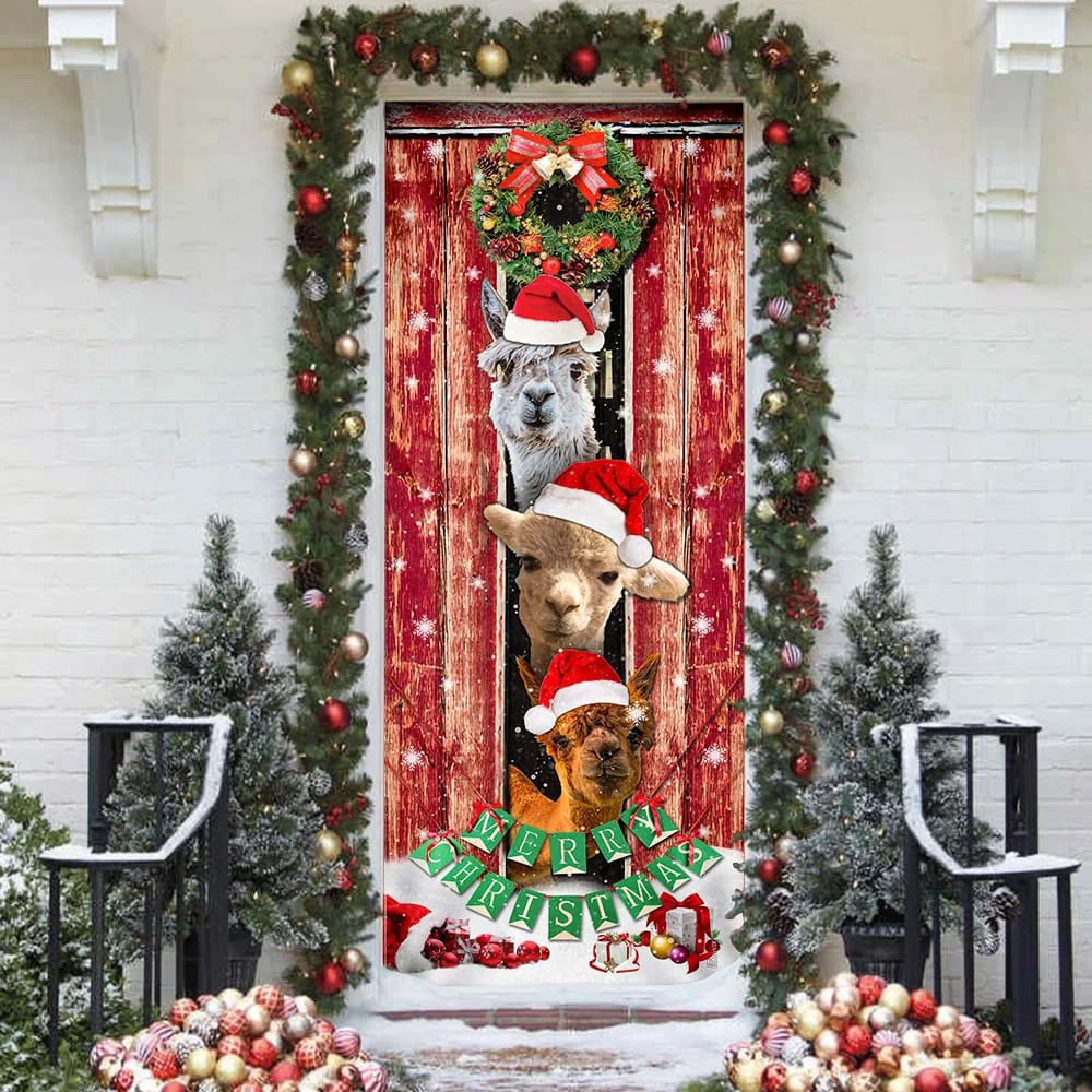 Three Alpacas Happy Place Door Cover, Front Door Christmas Cover, Christmas Outdoor Decoration, Christmas Gift Decor