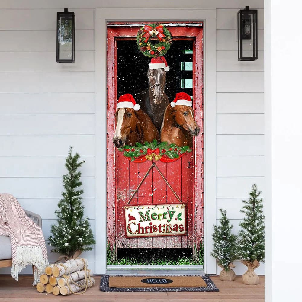 Three Horses In The Barn Door Cover, Unique Gifts Doorcover, Holiday Decor, Christmas Gift Decor