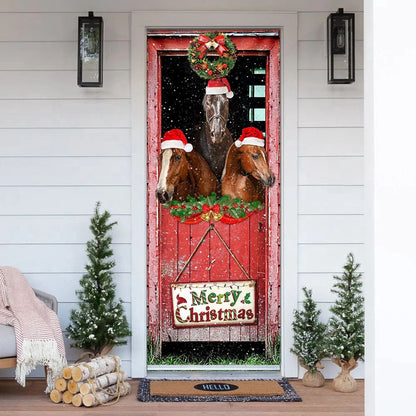 Three Horses In The Barn Door Cover, Unique Gifts Doorcover, Holiday Decor, Christmas Gift Decor