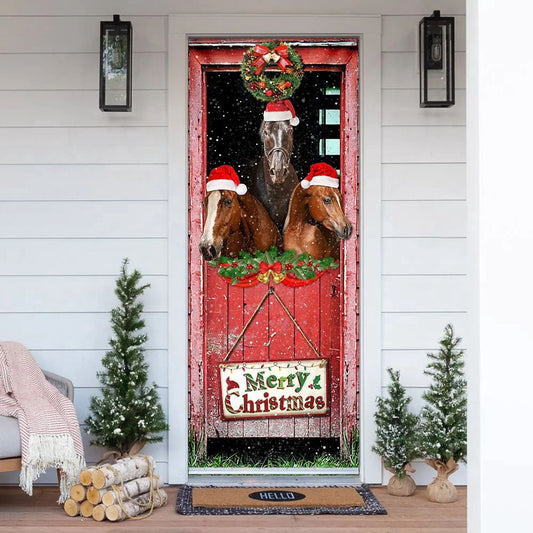 Three Horses In The Barn Door Cover, Unique Gifts Doorcover, Holiday Decor, Christmas Gift Decor