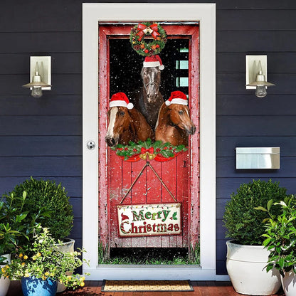 Three Horses In The Barn Door Cover, Unique Gifts Doorcover, Holiday Decor, Christmas Gift Decor