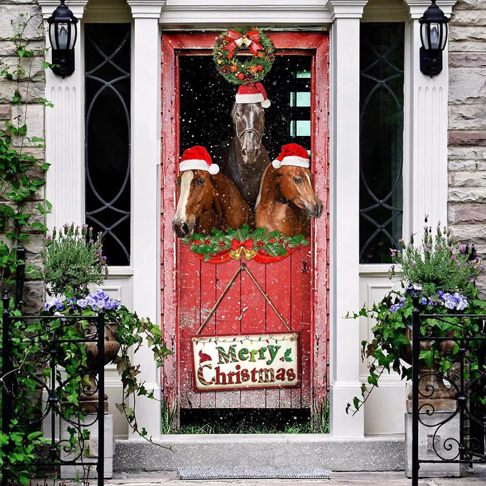 Three Horses In The Barn Door Cover, Unique Gifts Doorcover, Holiday Decor, Christmas Gift Decor