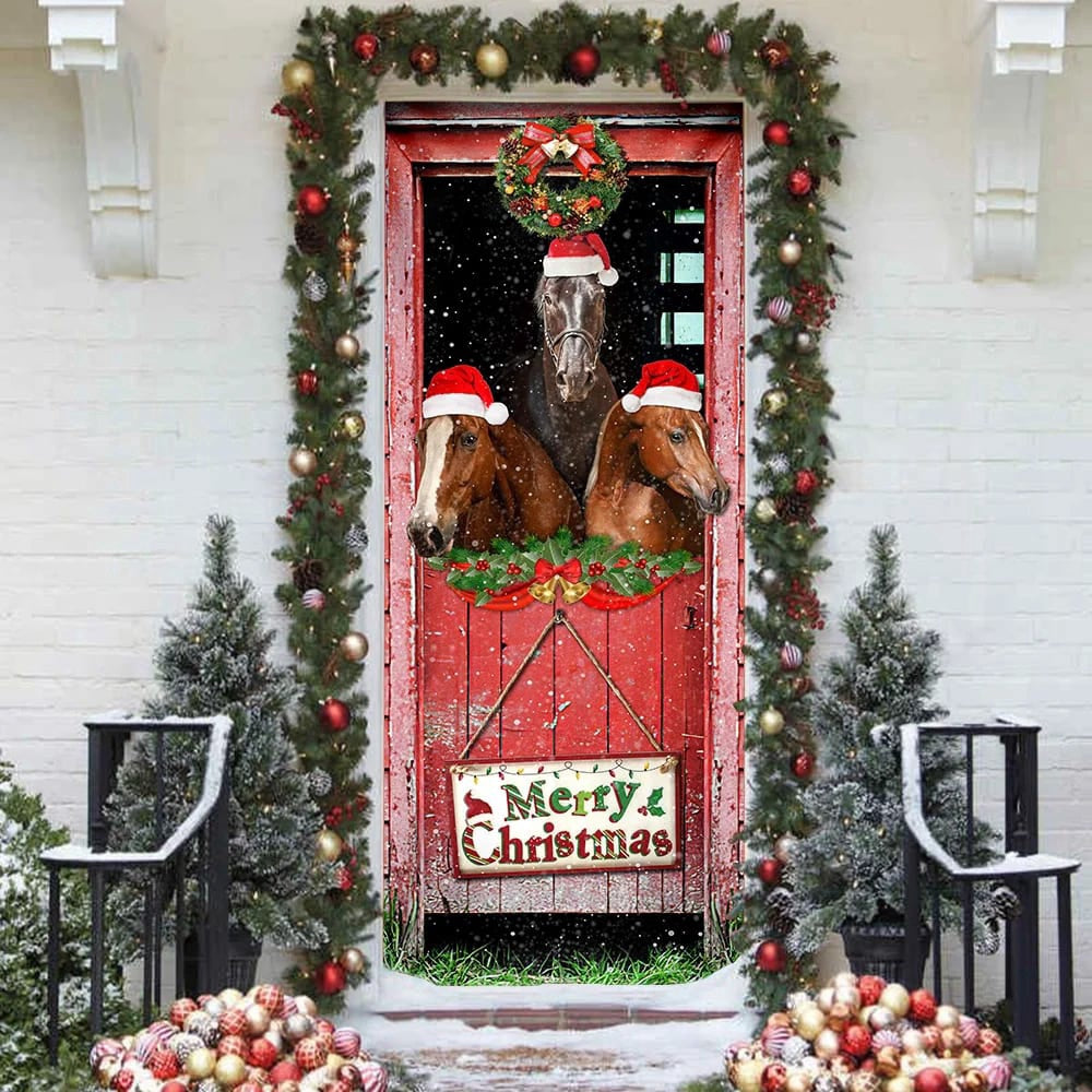 Three Horses In The Barn Door Cover, Unique Gifts Doorcover, Holiday Decor, Christmas Gift Decor