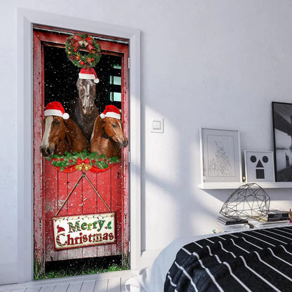 Three Horses In The Barn Door Cover, Unique Gifts Doorcover, Holiday Decor, Christmas Gift Decor