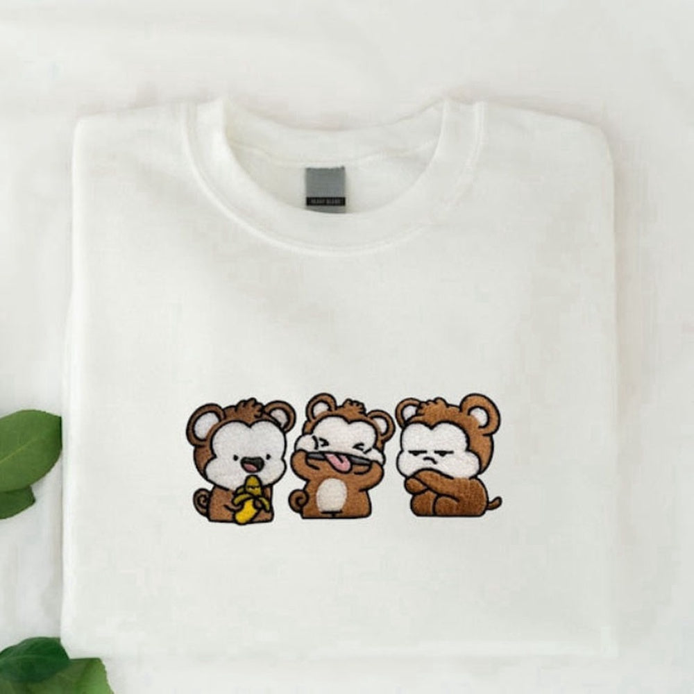 Three Monkey Embroidered Sweatshirt 2D Crewneck Sweatshirt For Family, Christmas Embroidered, Christmas Gifts