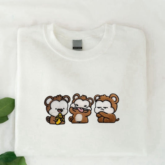 Three Monkey Embroidered Sweatshirt 2D Crewneck Sweatshirt For Family, Christmas Embroidered, Christmas Gifts